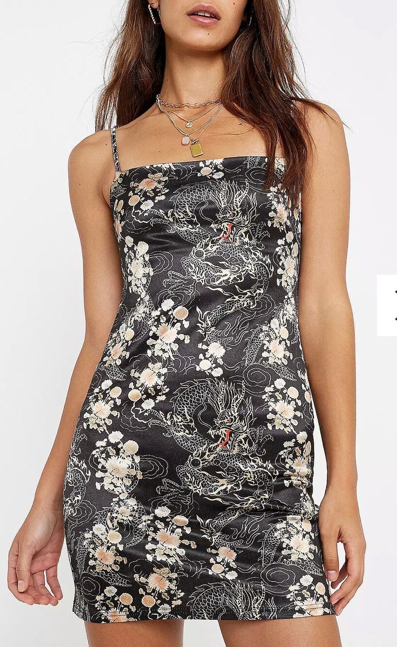Urban Outfitters UO Dragon Print Sateen Twill Mini Dress Black XS